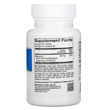 Lake Avenue Nutrition, Bisglicinato de Magnésio Quelato, 200 mg, 60 Comprimidos - Image 2