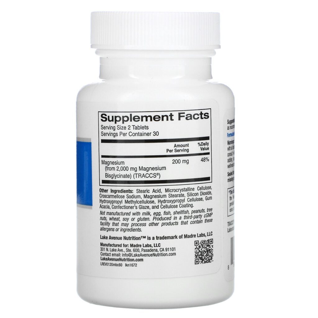 Lake Avenue Nutrition, Bisglicinato de Magnésio Quelato, 200 mg, 60 Comprimidos - Imagem 2