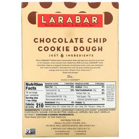 Larabar, The Original Fruit & Nut Food Bar, Chocolate Chip Cookie Dough, 16 Bars, 1.6 oz (45 g) Each - Image 3