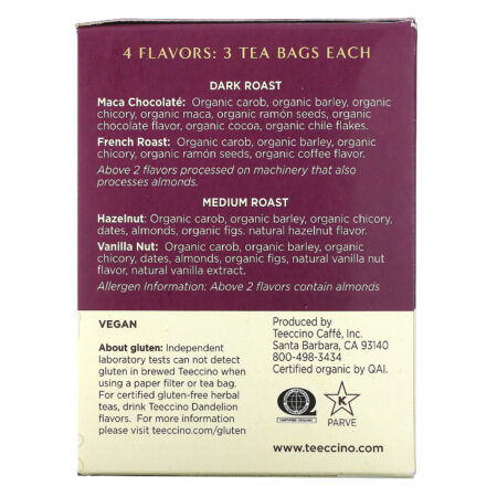 Teeccino, Roasted Herbal Tea Sampler, 4 Flavors, Caffeine Free, 12 Tea Bags, 2.54 oz (72 g) - Image 2