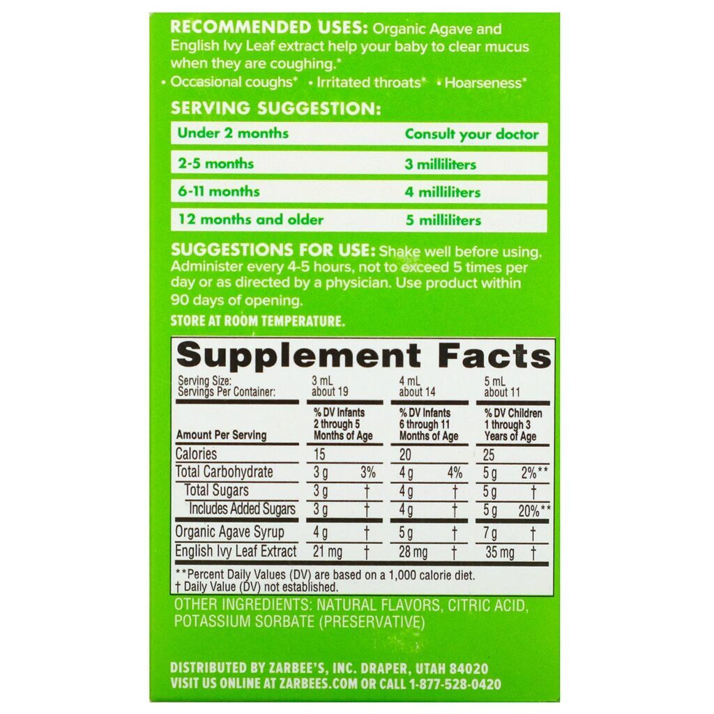 Zarbee's, Baby, Cough Syrup + Mucus, Agave and Ivy Leaf, Natural Grape Flavor, 2 fl oz (59 ml)