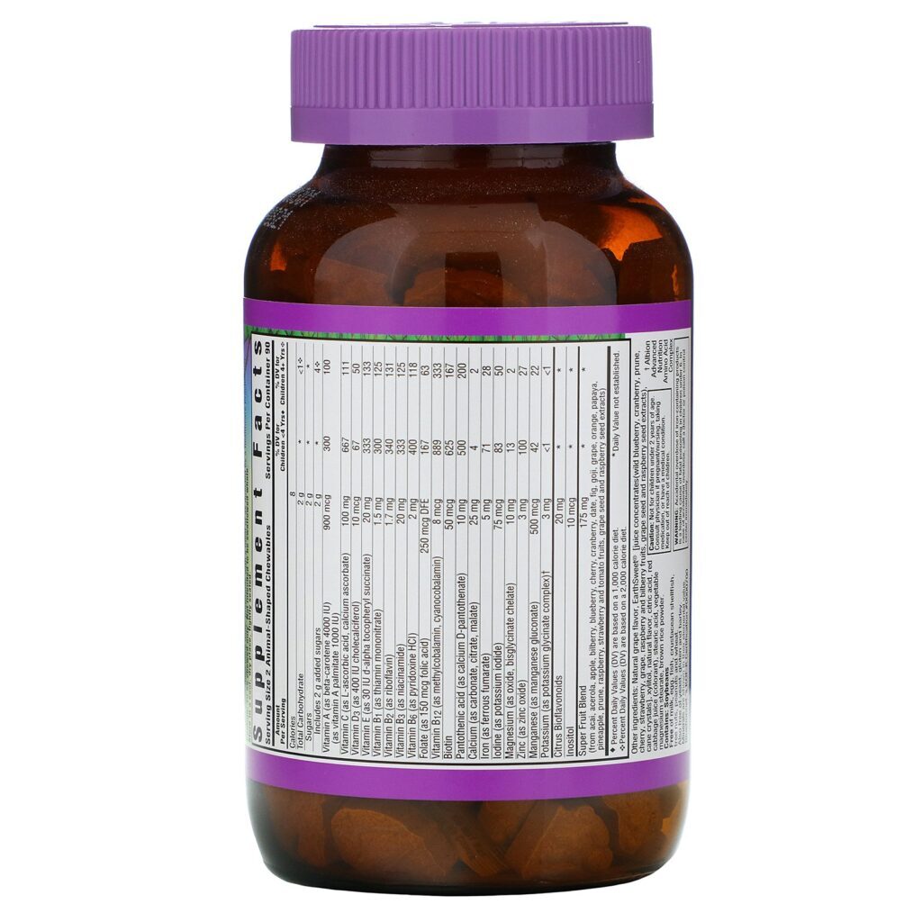 Bluebonnet Nutrition, Rainforest Animalz, Complete Daily Whole Food Based Nutrition, Grape Flavor, 180 Chewables - Imagem 2