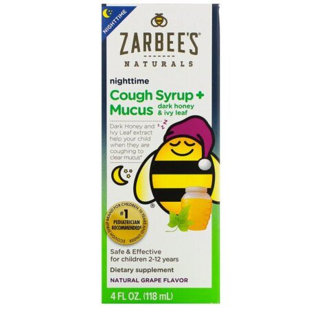 Zarbee's, Naturals, Children's Nighttime Cough Syrup + Mucus, Dark Honey & Ivy Leaf, For Children 2-12 Years, Natural Grape Flavor, 4 fl oz (118 ml)