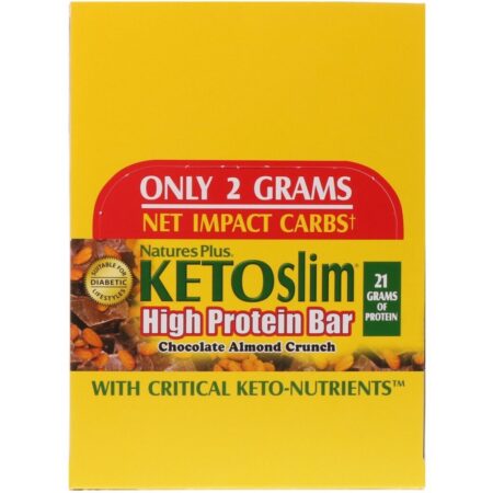Nature's Plus, KETOslim, Barra de Alto Teor de Proteína, Chocolate e Amêndoas Crocantes, 12 Barras, 60 g (2,1 oz) Cada - Imagem 2