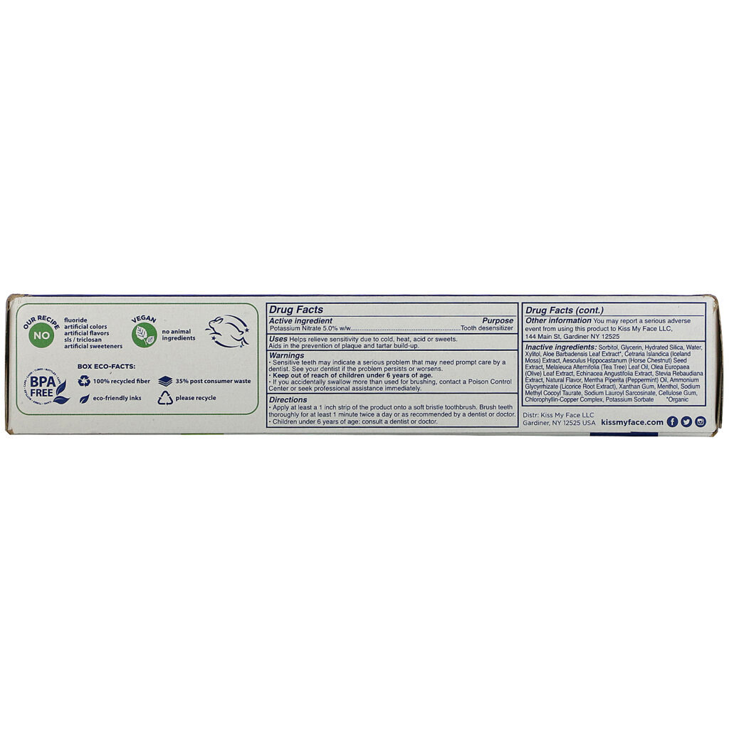 Kiss My Face, Sensitive Toothpaste with Tea Tree Oil, Aloe & Echinacea, Fluoride Free, Orange Mint Gel, 4.5 oz (127.6 g) - Imagem 3