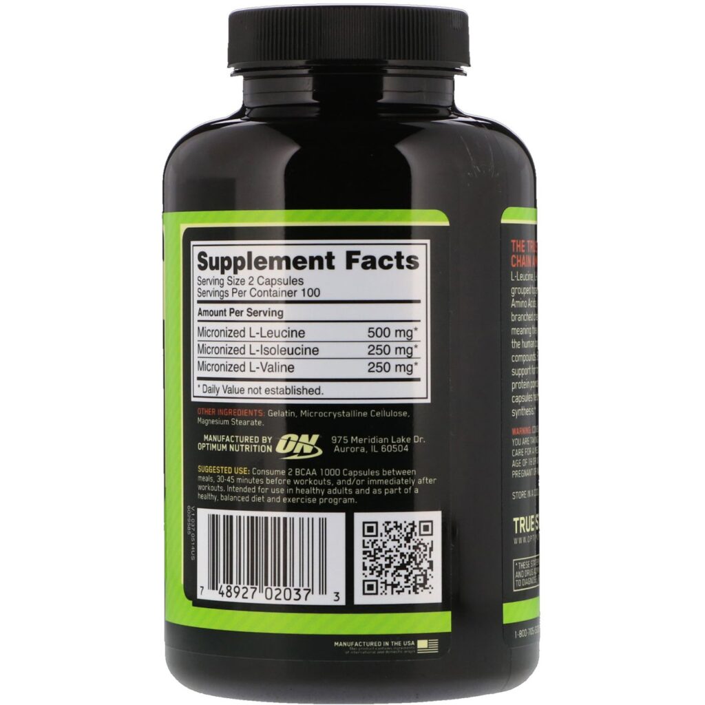 Optimum Nutrition, BCAA 1000 Cáps, Tamanho Grande, 1 g, 200 Cápsulas - Imagem 2