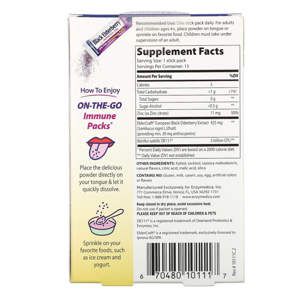 Enzymedica, Black Elderberry plus Probiotics & Zinc, Naturally Flavored, 15 Powder Packs - Imagem 2