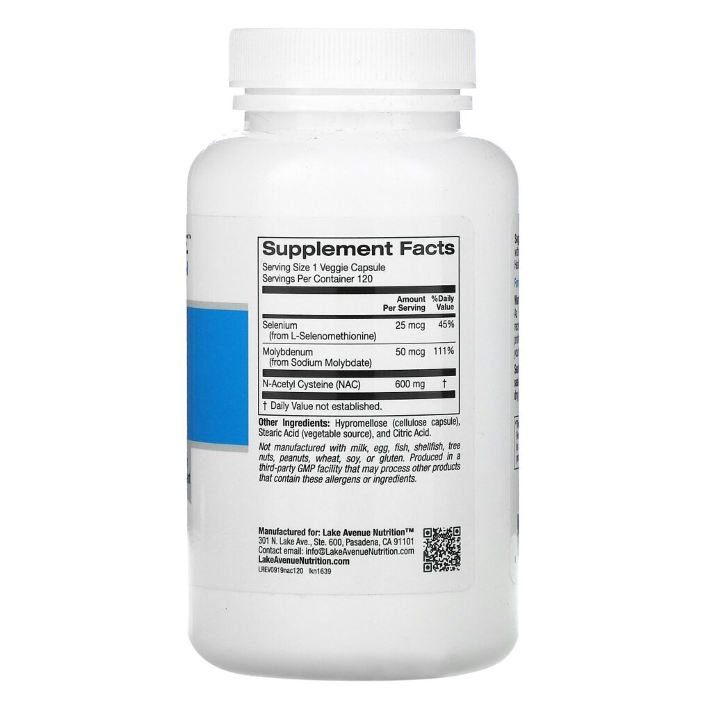 Lake Avenue Nutrition, NAC (N-acetil Cisteína) com Selênio e Molibdênio, 600 mg, 120 Cápsulas Vegetais - Imagem 2