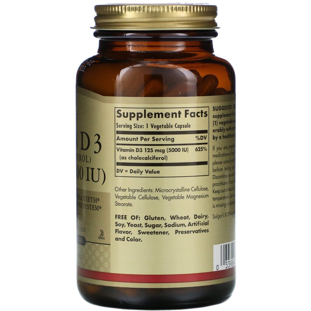 Solgar, Vitamina D3 (Colecalciferol), 5.000 UI, 240 Cápsulas Vegetais - Imagem 2