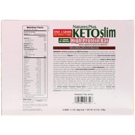 Nature's Plus, KETOslim, Barra de Alto Teor de Proteína, Chocolate e Amêndoas Crocantes, 12 Barras, 60 g (2,1 oz) Cada - Imagem 3