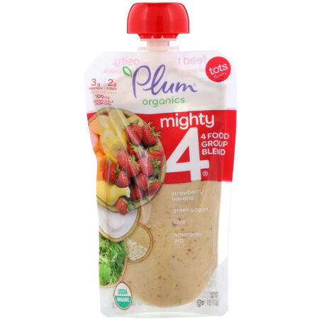 Plum Organics, Mighty 4, Pequeninos, Mistura Nutritiva de 4 Grupos Alimentares, Morango, Banana, Couve, Iogurte Grego, Aveia e Amaranto, 4 oz (113 g)