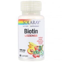 Solaray, Biotina, Sabores Naturais de Pêssego, Morango e Banana, 5.000 mcg, 60 Pastilhas