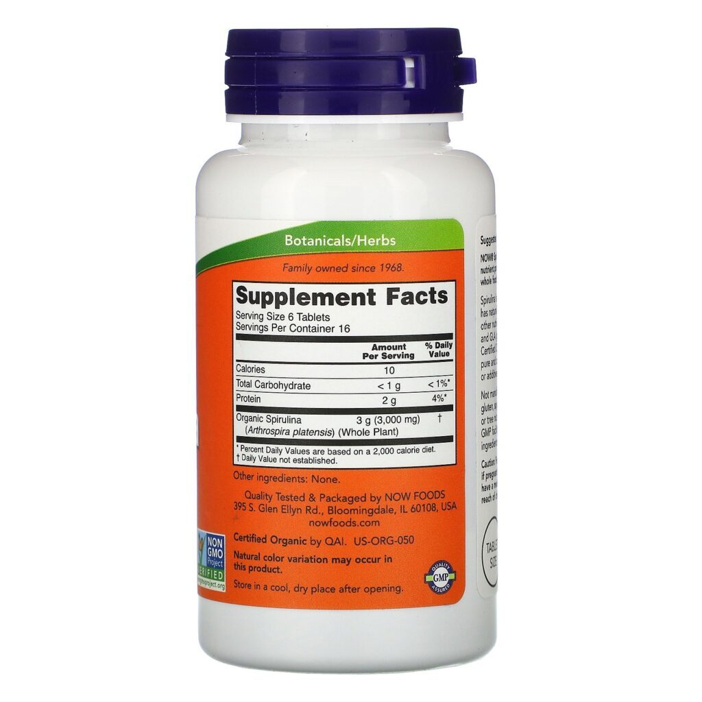Now Foods, Certified Organic Spirulina, 500 mg, 100 Tablets - Imagem 2