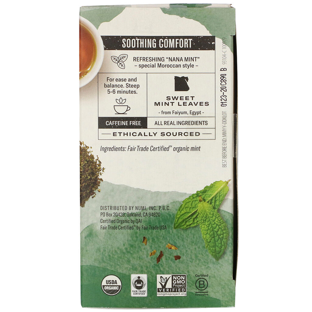 Numi Tea, Organic Herbal Teasan, Moroccan Mint, Caffeine Free, 18 Tea Bags, 1.40 oz (39.6 g) - Imagem 2
