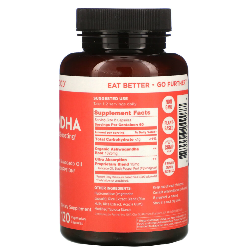 Further Food, Premium Ashwagandha, Maximum Strength, 1,325 mg, 120 Vegetarian Capsules - Imagem 2