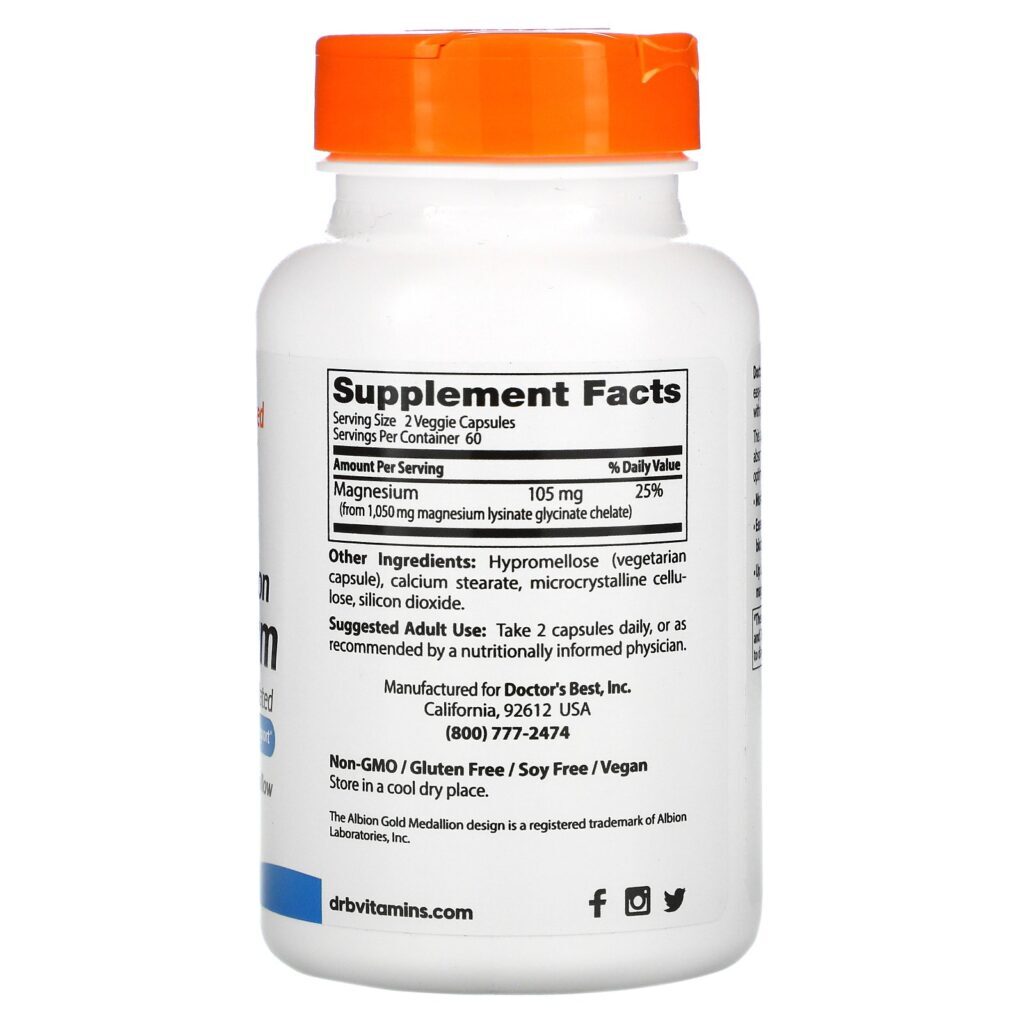 Doctor's Best, High Absorption Magnesium, 100% Chelated with Lysinate Glycinate , 105 mg , 120 Veggie Caps - Imagem 2