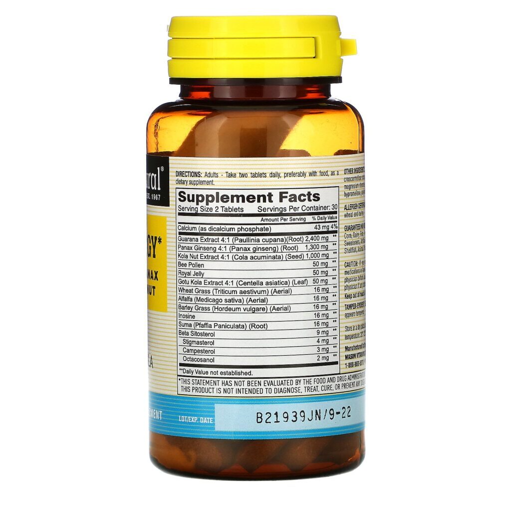 Mason Natural, Super Energy with Guarana, Panax Ginseng & Kola Nut, 60 Tablets - Imagem 2