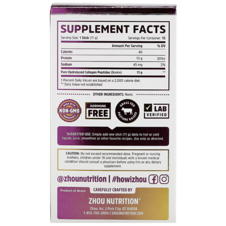 Zhou Nutrition, Collagen Peptides, Hydrolyzed Protein, Unflavored, 15 Stix, 0.39 oz (11 g) Each - Image 2