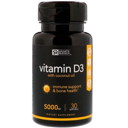 Sports Research, Vitamina D3 com Óleo de Coco, 125 mcg (5,000 UI), 30 Cápsulas Softgel