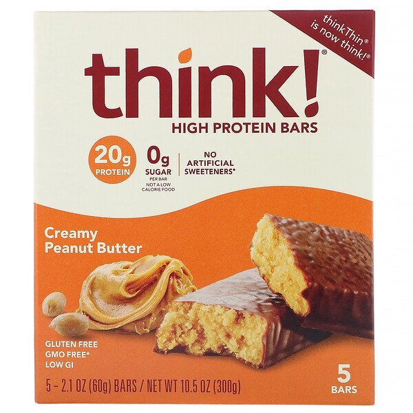 ThinkThin, Barras com Alto Teor de Proteína, Creamy Peanut Butter, 5 Barras, 60 g (2,1 oz) Cada