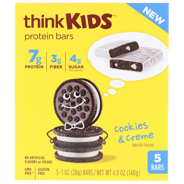 ThinkThin, ThinkKids, Barras de Proteína, Cookies e Creme, 5 Barras, 1 oz (28 g) Cada