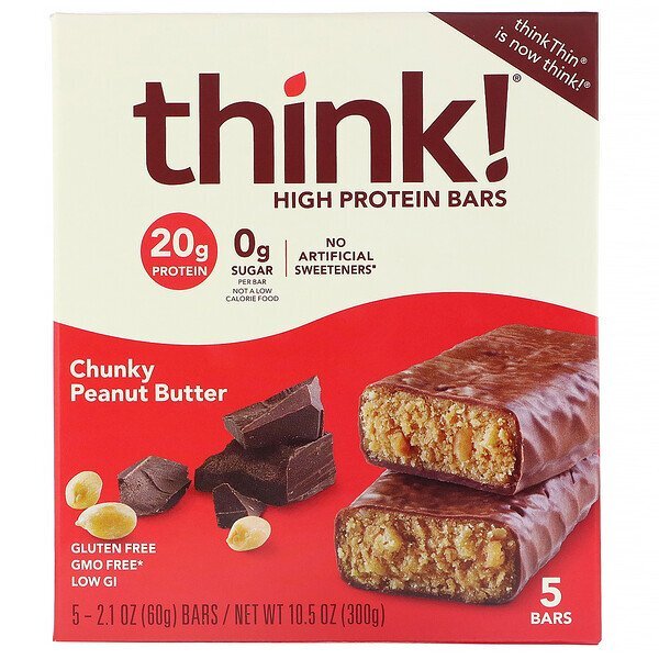 ThinkThin, Barras com Alto Teor de Proteína, Chunky Peanut Butter, 5 Barras, 60 g (2,1 oz) Cada