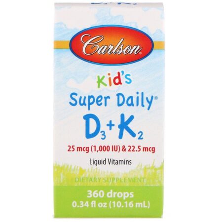 Carlson Labs, Kid's, Super Daily D3+K2, 25 mcg (1,000 IU) & 22.5 mcg, 0.34 fl oz (10.16 ml)