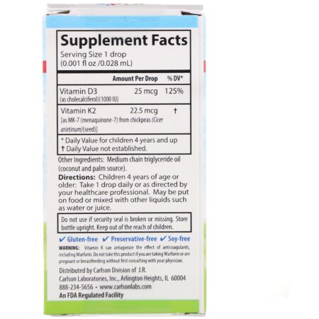 Carlson Labs, Kid's, Super Daily D3+K2, 25 mcg (1,000 IU) & 22.5 mcg, 0.34 fl oz (10.16 ml) - Image 2