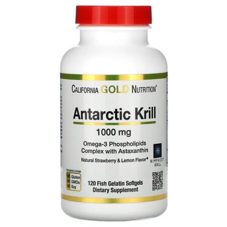 California Gold Nutrition, Óleo de Krill Antártico, com Astaxantina, RIMFROST, Aromatizantes Naturais de Morango e Limão, 1.000 mg, 120 Cápsulas Softgel de Peixe