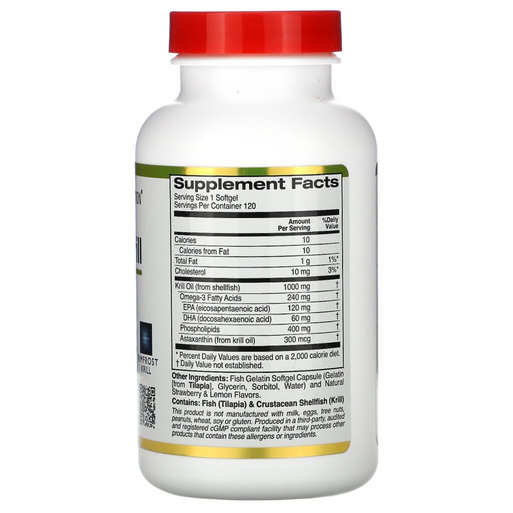 California Gold Nutrition, Óleo de Krill Antártico, com Astaxantina, RIMFROST, Aromatizantes Naturais de Morango e Limão, 1.000 mg, 120 Cápsulas Softgel de Peixe - Imagem 2