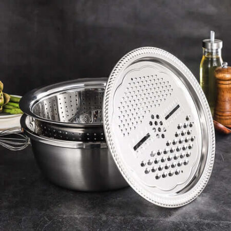 Conjunto de 3 Utensílios de Cozinha - Ralador/Fatiador, Escorredor e Bacia - Imagem 4