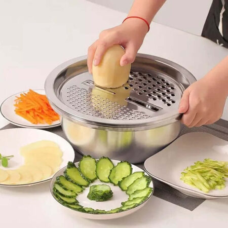Conjunto de 3 Utensílios de Cozinha - Ralador/Fatiador, Escorredor e Bacia - Imagem 3