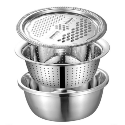 Conjunto de 3 Utensílios de Cozinha - Ralador/Fatiador, Escorredor e Bacia