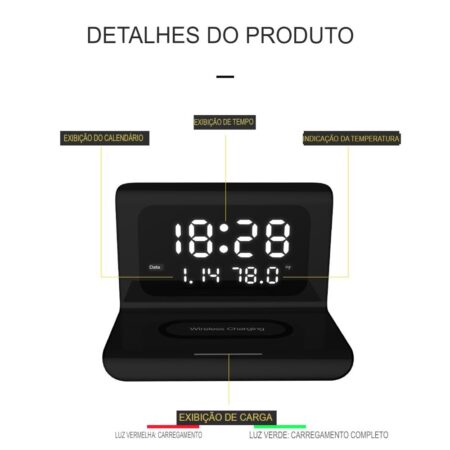 DigitalStation 4 em 1 Multifuncional - Carregador por Indução, Hora, Calendário e Temperatura - Imagem 12