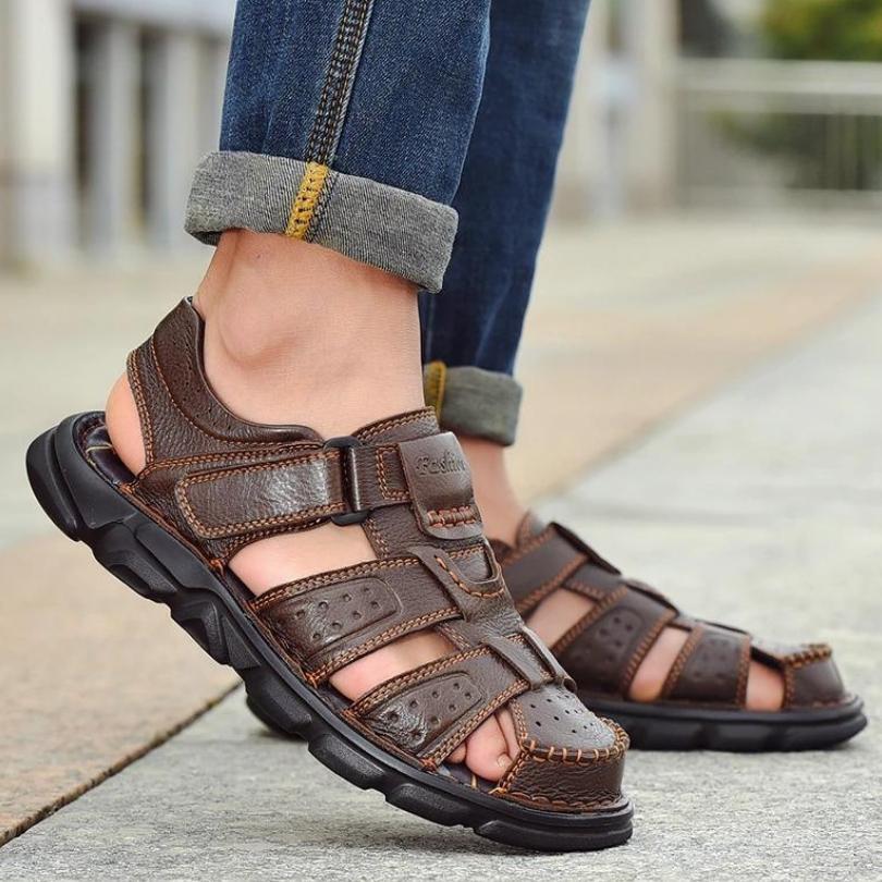 Sandália de Couro Masculina Anti Stress com Velcro - Frete Grátis - Imagem 9