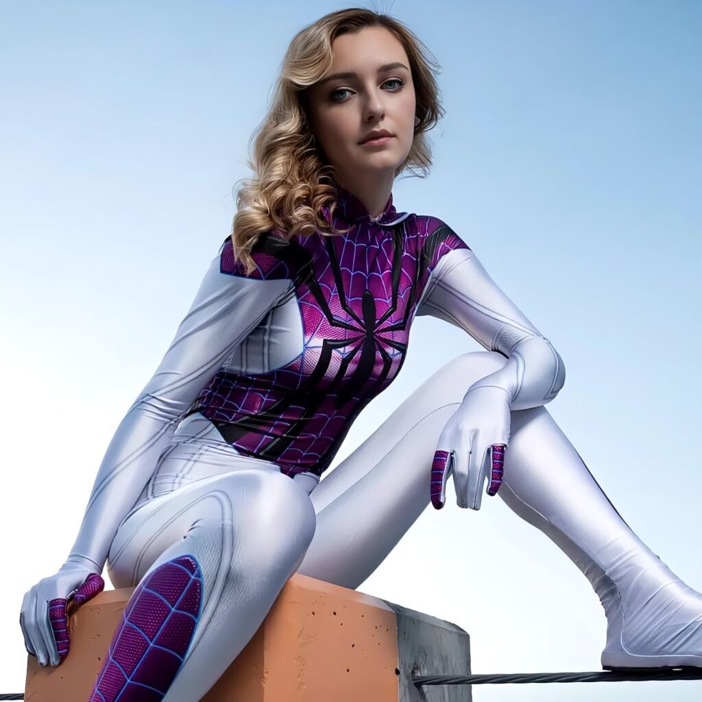 Fantasia Gwen Stacy Mulher-Aranha Cosplay Feminino Luxo Traje Profissional - Imagem 4