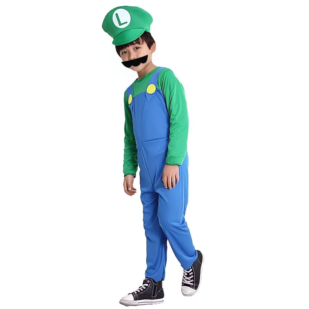 Fantasia Cosplay Infantil Luigi Super Mario Bros Traje Luxo Profissional