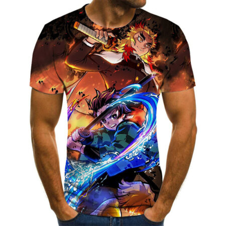 Camisa Camiseta Tanjiro e Rengoku Demon Slayer Anime Impressão 3D Full