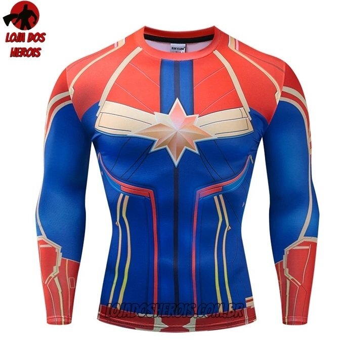 Camisa/Camiseta Hash Guard Capitã Marvel Clássico Manga Compressão Segunda Pele