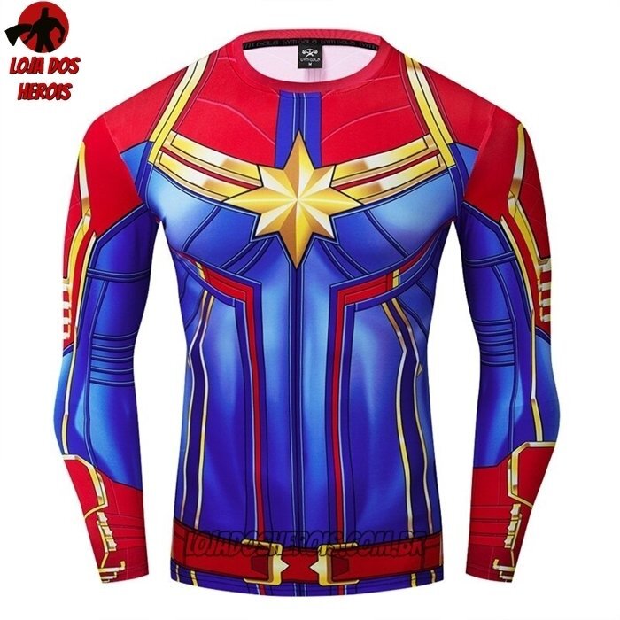 Camisa/Camiseta Hash Guard Capitã Marvel Vingadores Manga Compressão Segunda Pele