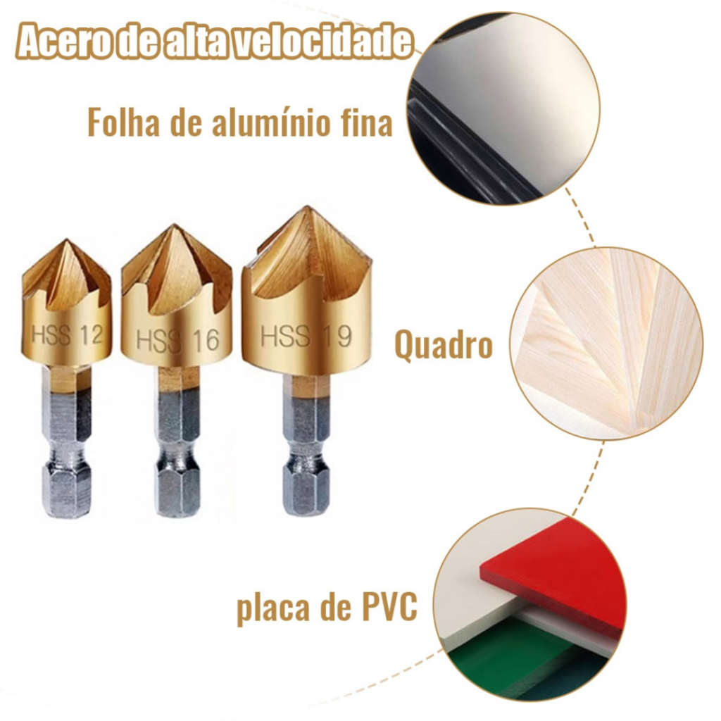 Brocas Escareadoras Para Chanfro Dourado | Kit com 6 Peças - Imagem 5