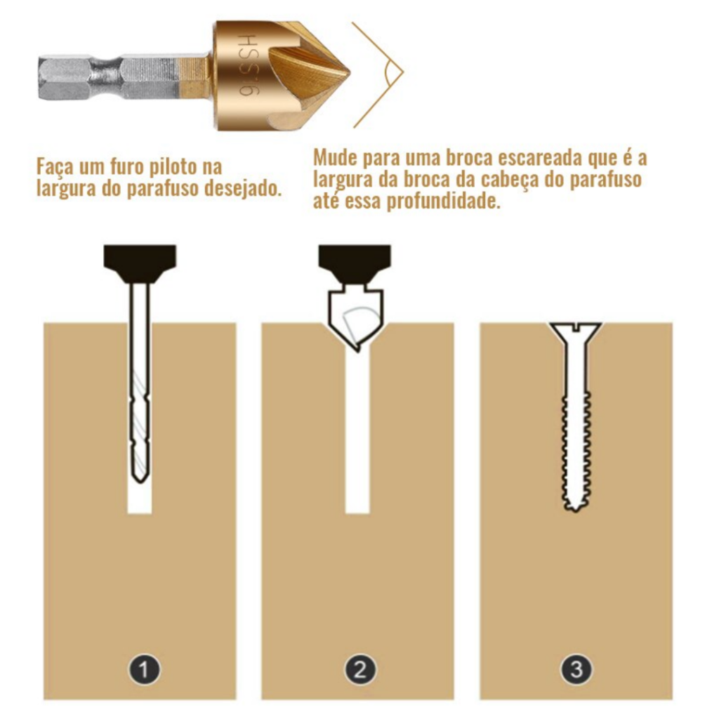 Brocas Escareadoras Para Chanfro Dourado | Kit com 6 Peças - Imagem 3