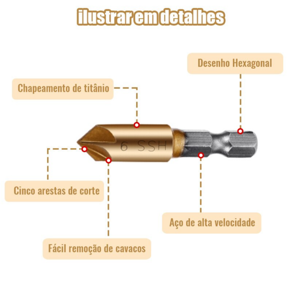 Brocas Escareadoras Para Chanfro Dourado | Kit com 6 Peças - Imagem 6