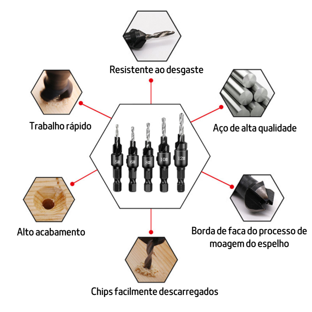 Brocas Escareadoras Em Titânio | Conjunto Com 5 Peças - Imagem 3