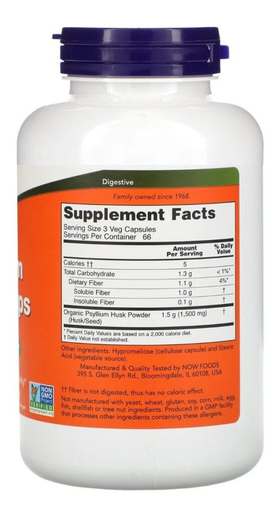 Cascas Dietéticas De Fibra De Casca De Psyllium Da Now Foods 500 Mg 200 Vegetais, Cápsulas Sem Sabor - Imagem 3