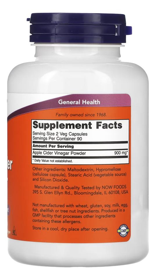 Now Foods Suplemneto Vinagre De Maçã 450mg 180 Veg Capsulas - Imagem 2