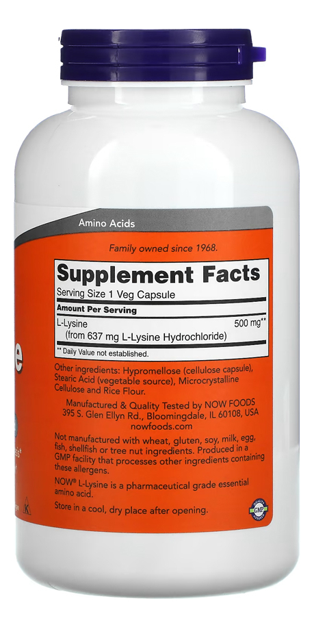 L-lisina 500mg L-lysine 250 Veg Caps Importado 2un Now Foods - Imagem 3