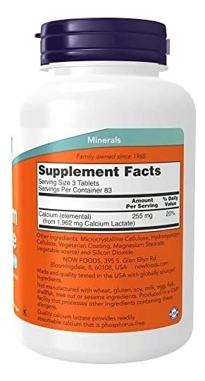 Suplemento Now Calcium Lactate Sabor Sem Sabor X 250 Un - Imagem 2