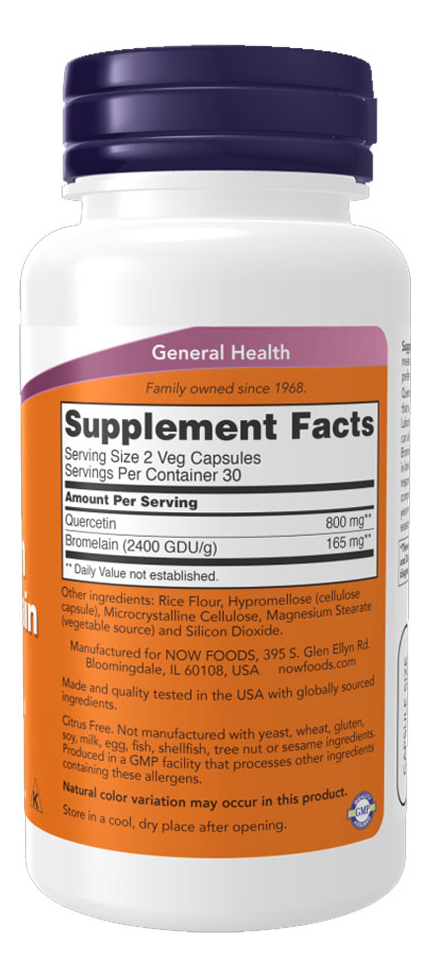 Now Foods Quercetina 800mg + Bromelaína 60cáps Importado - Imagem 2