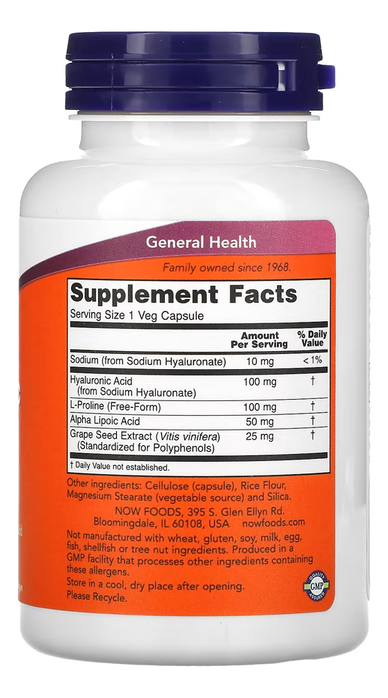 Ácido Hialurônico 100mg Now Foods 120 Cápsulas Importado 4un - Imagem 3